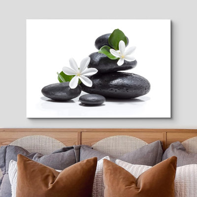 Zen Stones " White Daisy Flower Black Ocean Beach Pebbles Laundry Bathroom Photography " Print