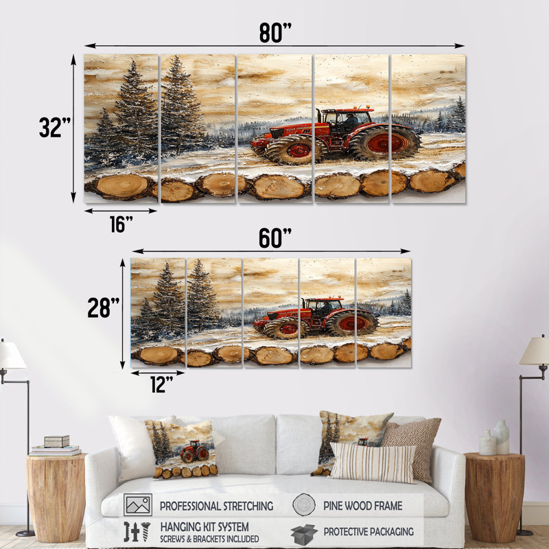 Grand tracteur dans un paysage de ferme hivernal, H 32 po x l 80 po