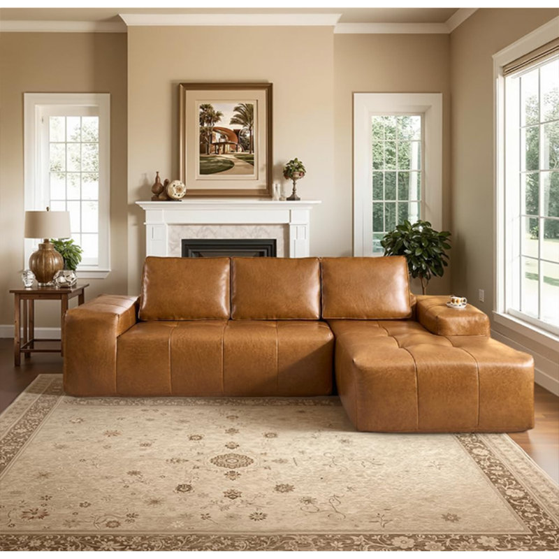 L Shaped Leather Sofa Set - Brown Upholstered Living Room Sofa,No Assembly Required, Right