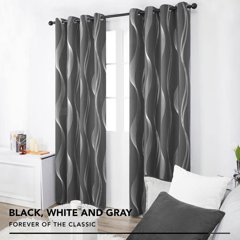 Spurgh Sliver Wave Foil Print Blackout Thermal Grommet Curtain Panels (Set of 2), 52" W x 95" L, Dark Gray