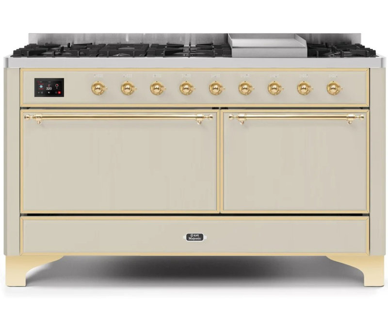 ILVE UM15FDQNS3BKCLP Majestic II 60 inch Dual Fuel Range with 9 Burners, Griddle (Liquid Propane, Solid Door, Glossy Black, Chrome)
