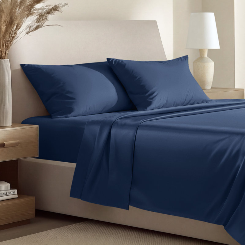 400 Thread Count Sateen Sheet Set, Twin Extra Long Sheet Set with 1 Pillowcase, Dark Blue