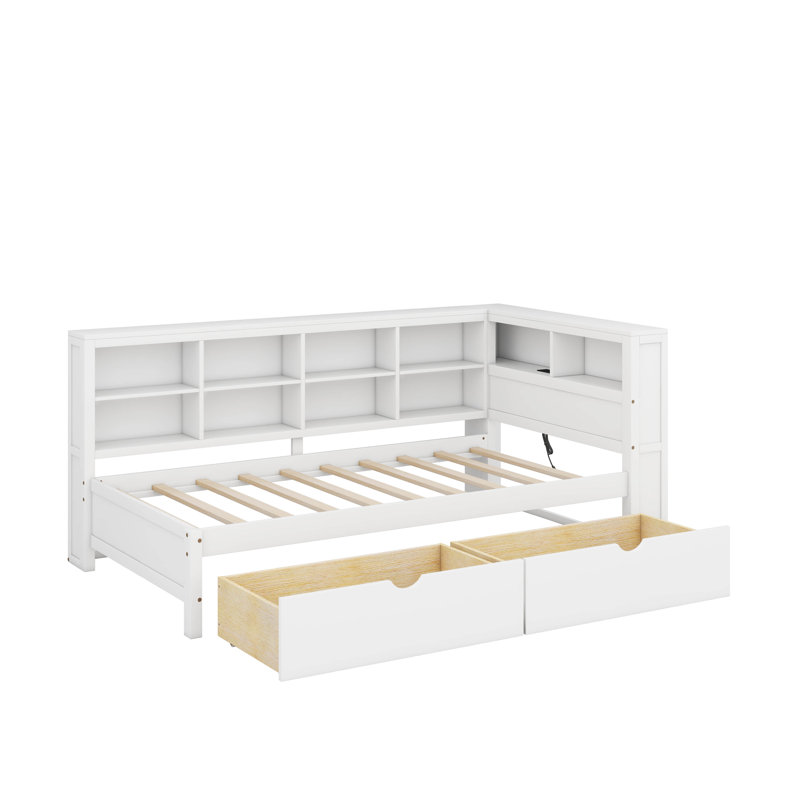 Lit de jour en bois avec tiroirs, tablette et port USB, Lit simple, Blanc