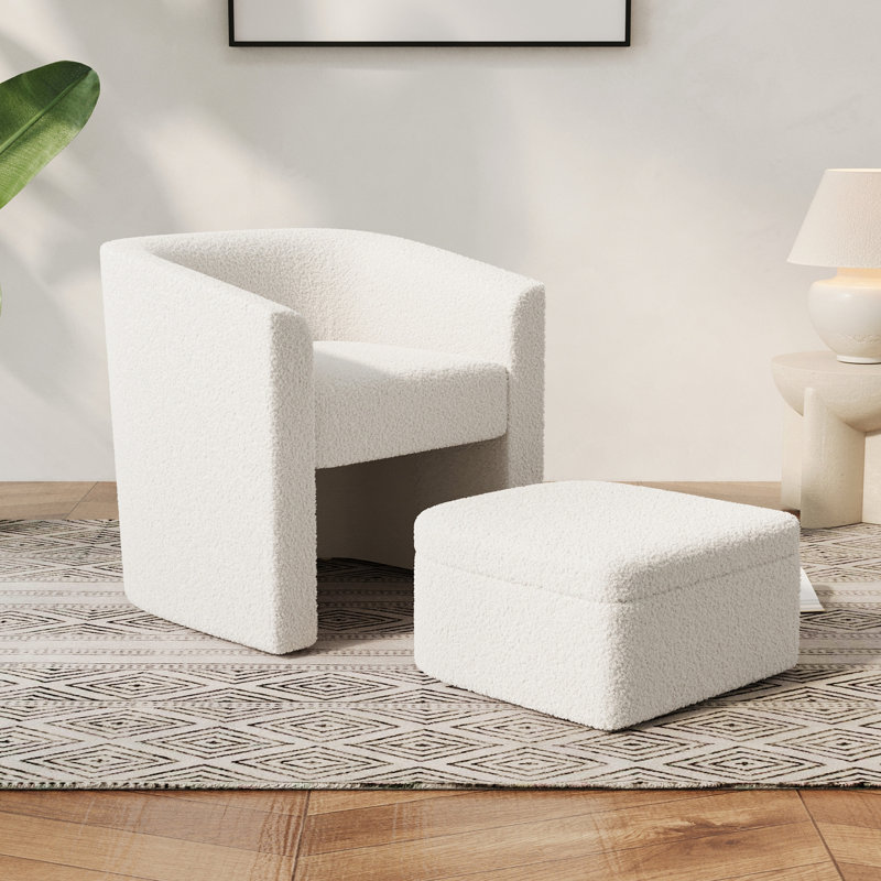 Chaise d'appoint de chambre à coucher avec rangement pour tabouret de pieds en crème blanche et tissu facile à nettoyer