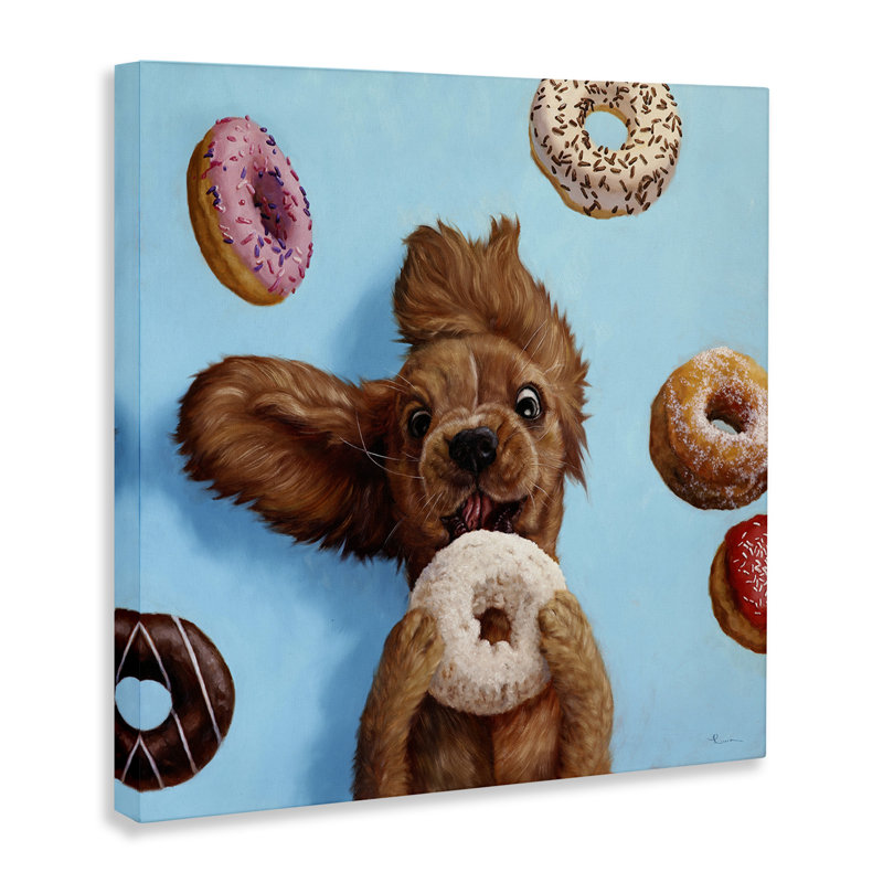 «Funny Face Dog Lèche Donut» par Lucia Heffernan - peinture sur toile tendue, H 17 po x l 17 po x P 1,5 po