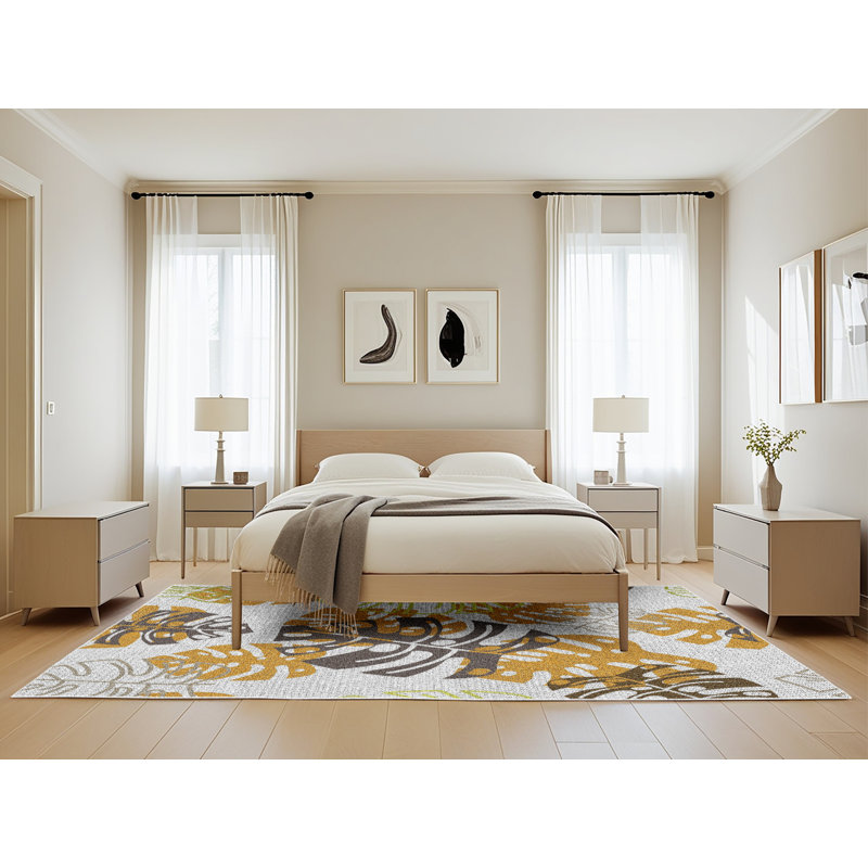Tapis brun / jaune / gris à motif floral Crew Park, Rectangle 5 pi x 8 pi
