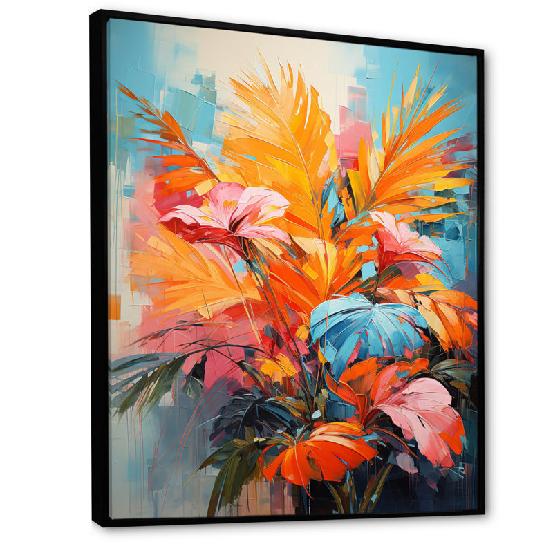 «Orange Orange Palm Trees», art mural sur toile florale, H 32 po x l 16 po x P 1 po, Cadre flottant noir