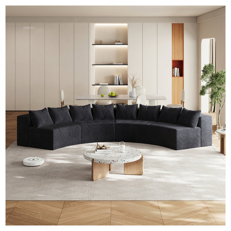 Canapé modulaire incurvé avec 8 coussins Corduroy, Noir