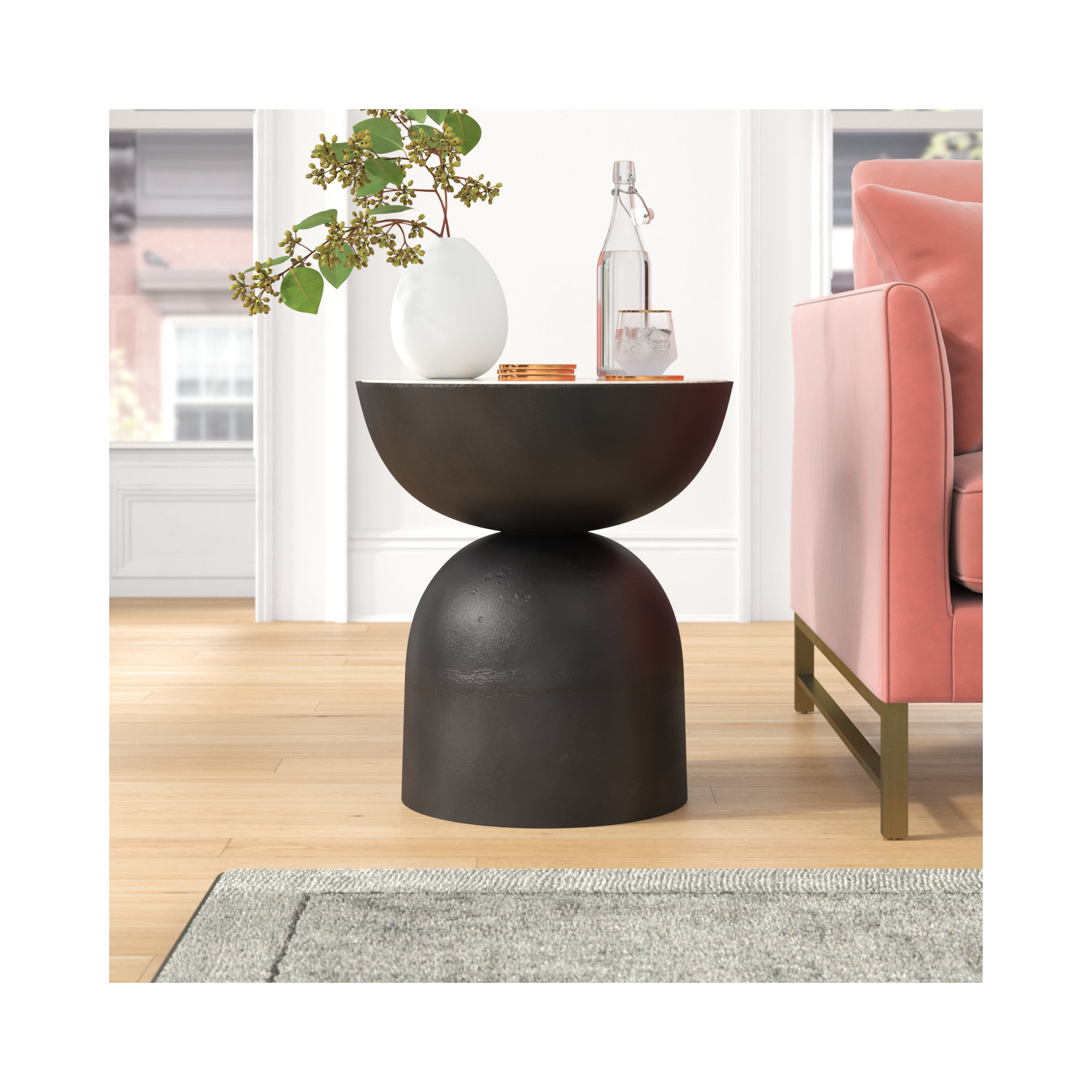 Seraphine Pedestal End Table, Hammered Gray, Creamy Taupe Marble