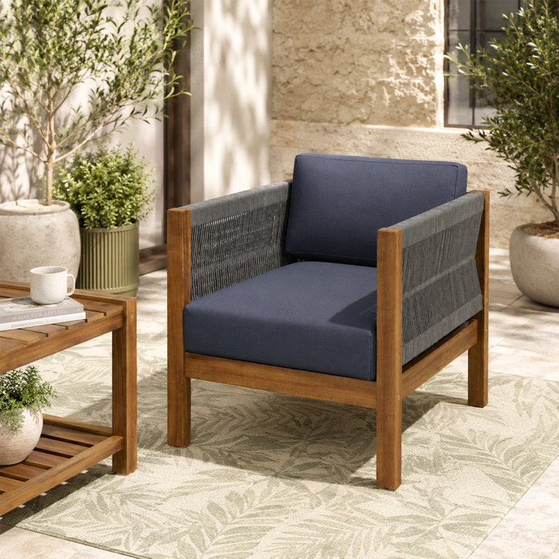  Fauteuil club d'extérieur moderne en bois d'acacia et en rotin avec coussins résistants à l'eau