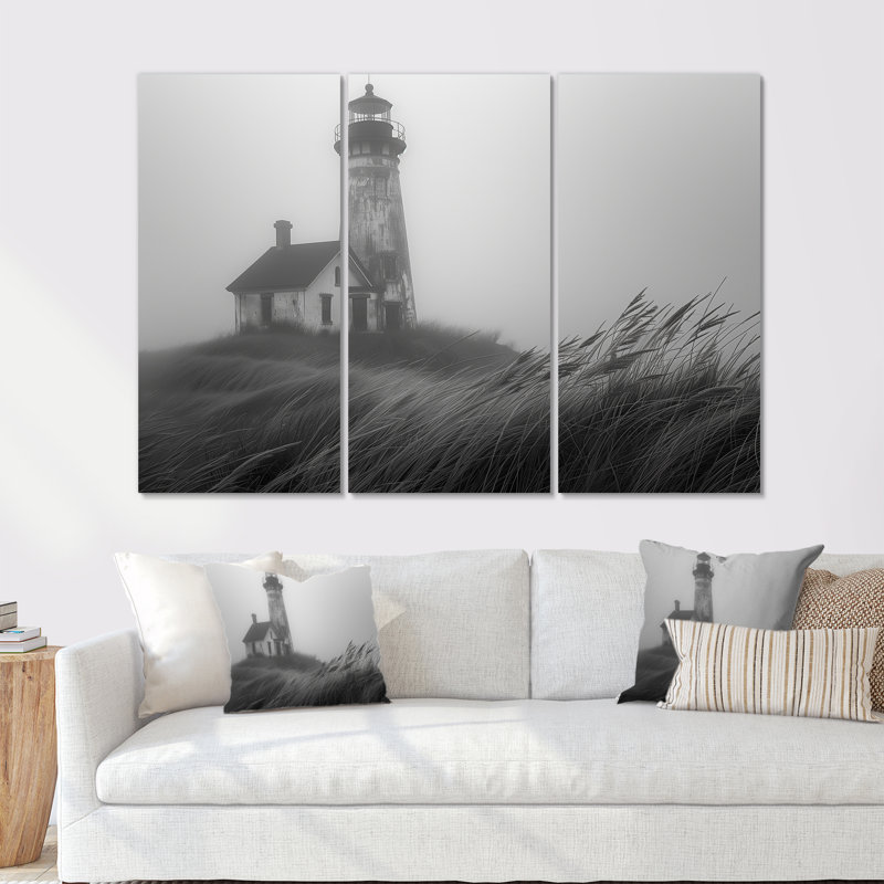 Phare monochrome brouillard d'hiver Cliff I - ensemble de salon d'art mural phares, Métal métal, H 28 po x l 36 po x P 1 po