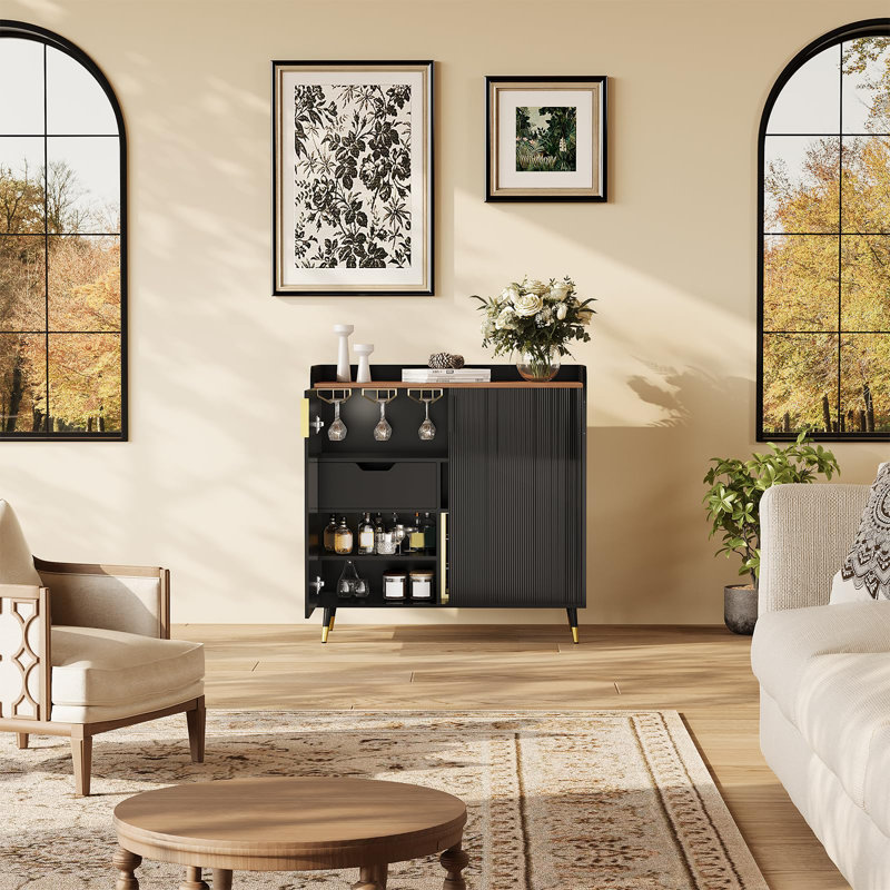Modern Small Sideboard Buffet Cabinet with Fluted Doors for Home Dining Room, Black
