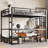Queen Over Twin XL Metal Bunk Bed/Loft Bed With Desk And Shelves, Multiple Uses Folds Into Sofa With LED And USB, Black