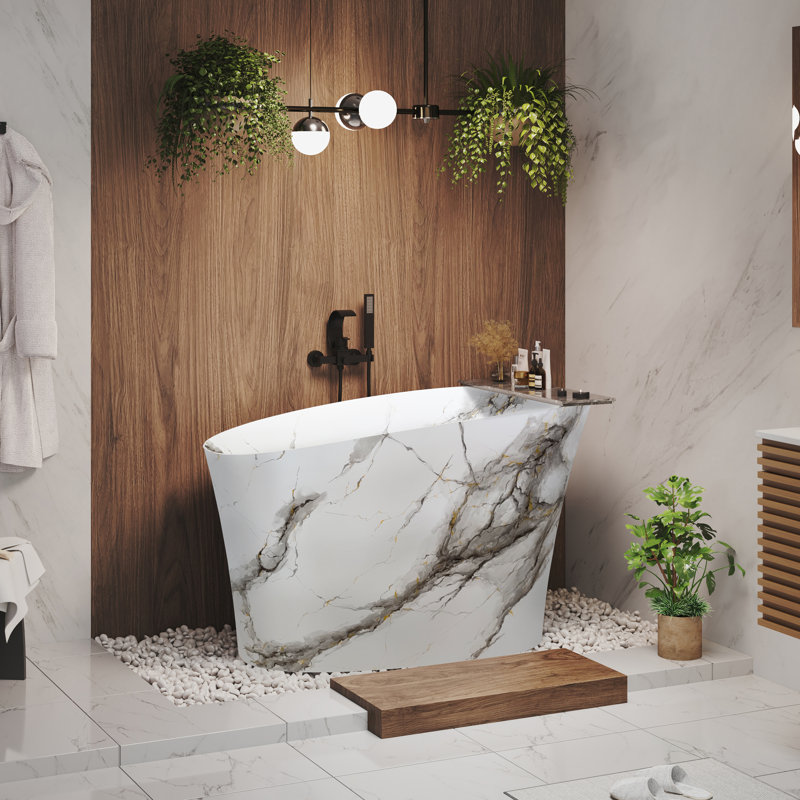 CASAINC 51" Solid Surface Freestanding Soaking Bathtub With Wooden Pattern