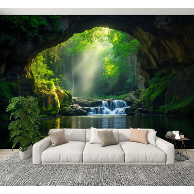 Peel and Stick Wallpaper Sunlit Forest Archway Flowing Greenery waterfall tropical forest Wall Murals 100"H x 144"W Removable PVC Wall Paper Self-Adhesive Wall Decor for Bedroom Living Room Home Office