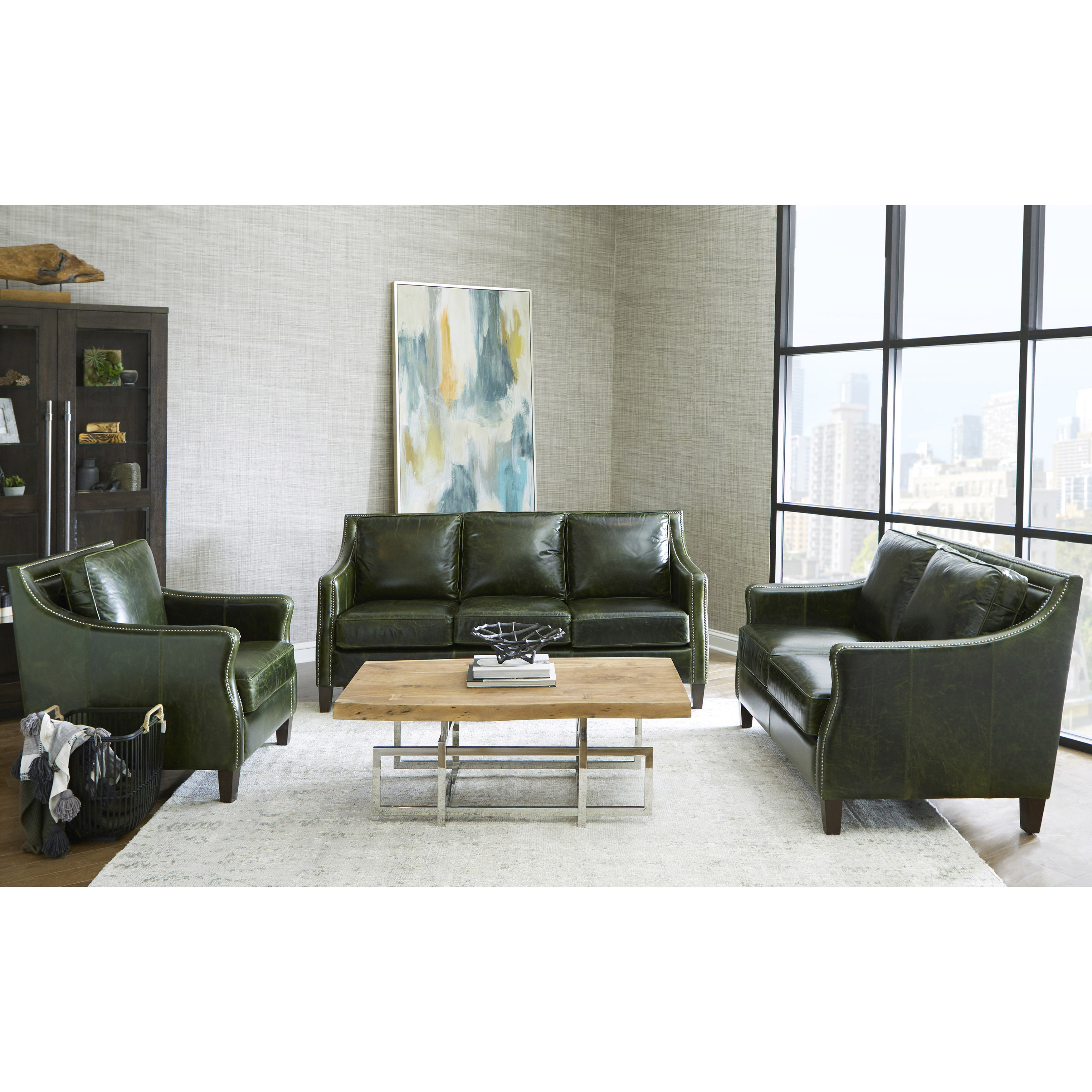 Sofa  Sussex Distressed Green Top Grain Leather 3 Piece Living