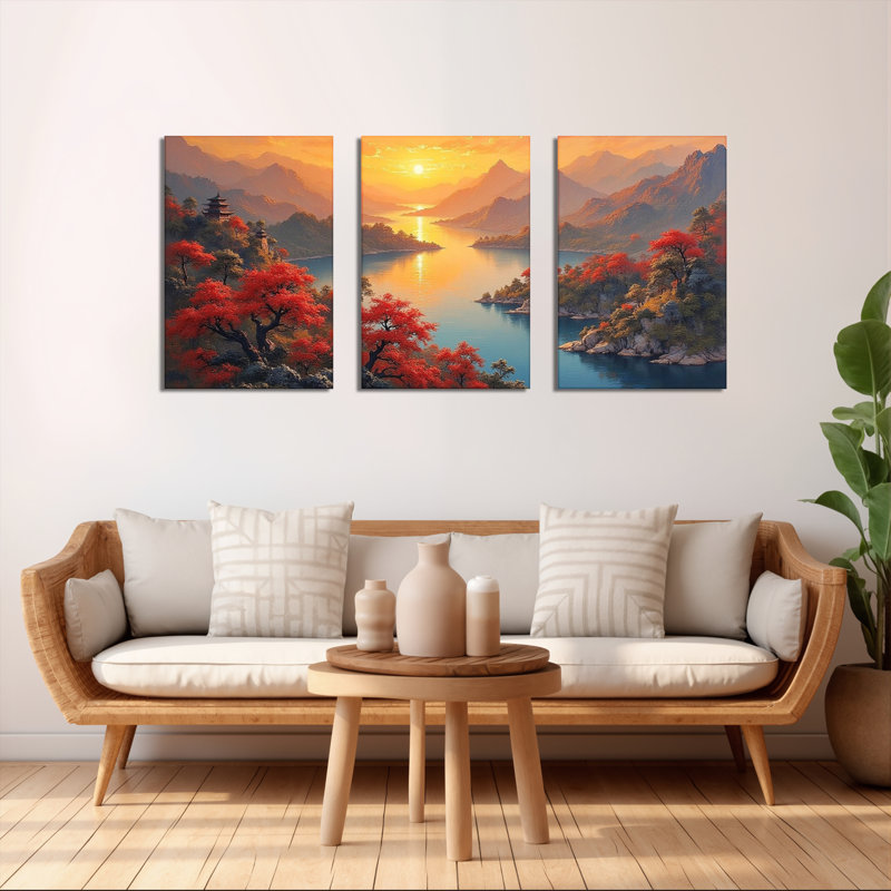 Autumn Mountain Landscape with Red Trees and Pagoda Canvas Wrapped Wall Art (Set of 3), 24" H x 48" W