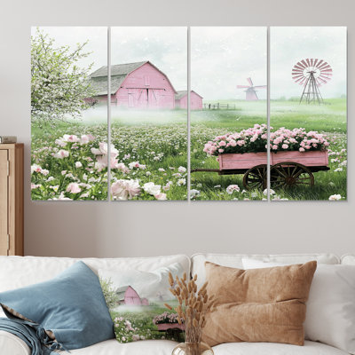 Paysage de ferme en tons de rose et vert I - ensemble d'art mural sur toile