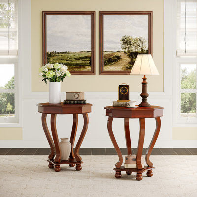 22" Round End Table Set Of 2, Wood Side Table With 2-tier Storage Shelves For Living Room