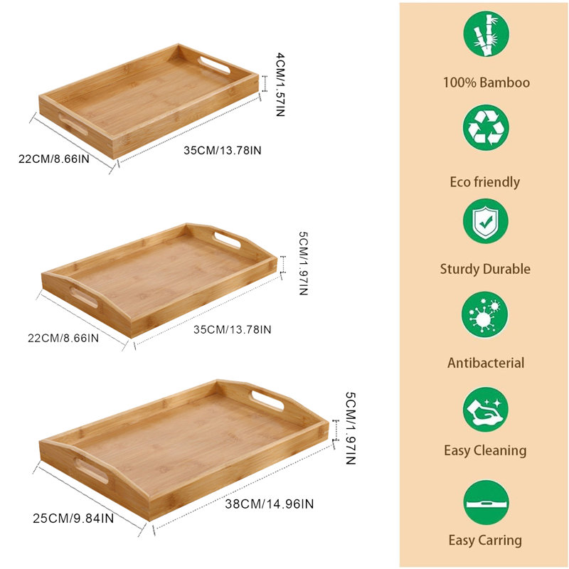 Ensemble de 2 plateaux de service en bambou, plateaux de lit de déjeuner avec poignées - plateaux de service rustiques en bois naturel pour déjeuner au lit, décoration intérieure, présentoir à gâteaux et porte-bol à fruits