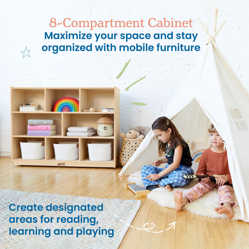 Natural Birch 8-Compartment Kids Storage Cabinet with Casters
