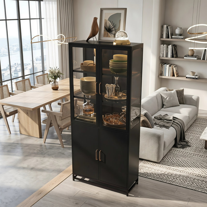 Display Cabinet With Glass Doors, LED Lights & Steel Frame, Black