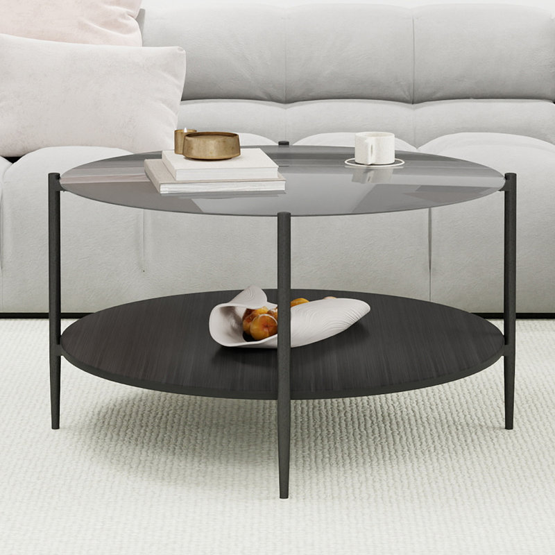 Table basse moderne Mid-Century avec plateau en verre + tablette de rangement en bois, structure en métal noir, conception ronde, peu encombrante, 32,28 pouces, table basse moderne transparente avec plateau en verre