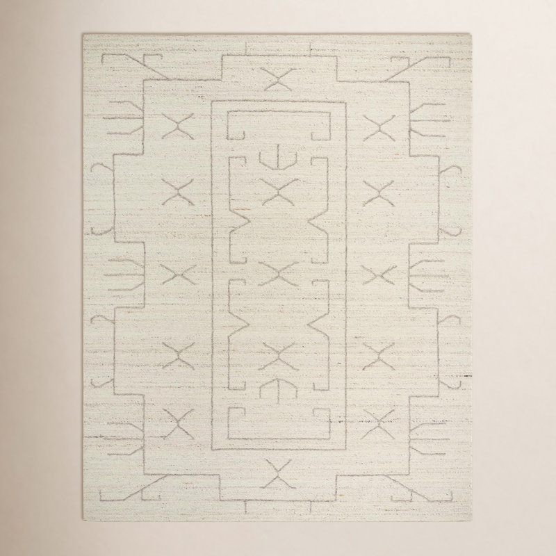 Cousar Rectangle Geometric Hand Woven Flatweave Wool Area Rug in Pearl, Rectangle 8' x 10'