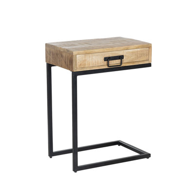 C-Shaped Mango Wood Side Table with Drawer, Metal Base, Rustic Accent Table, 24" Tall, Assembled