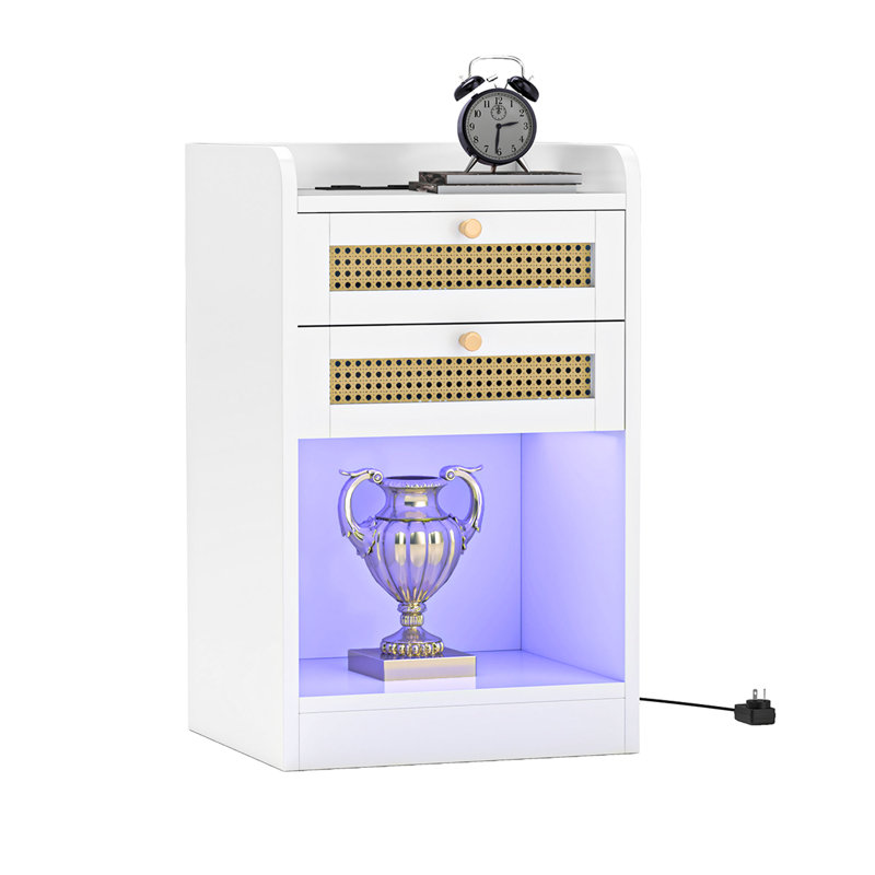 2 - Piece LED Farmhouse Nightstand: Charging + Rattan Storage, White