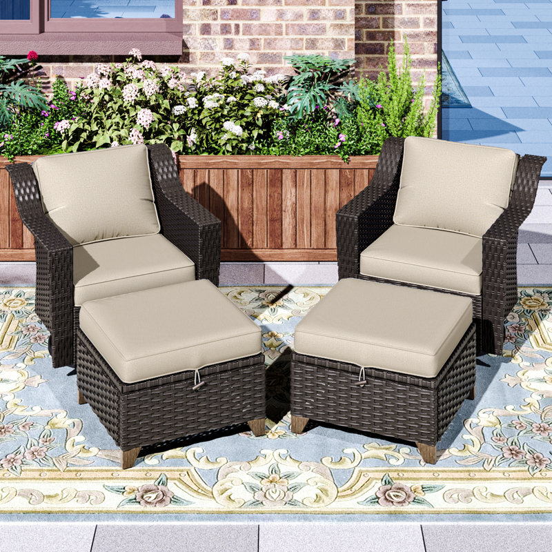 Ensemble de 4 chaises pivotantes et repose-pieds en osier avec coussins beiges PE, Beige