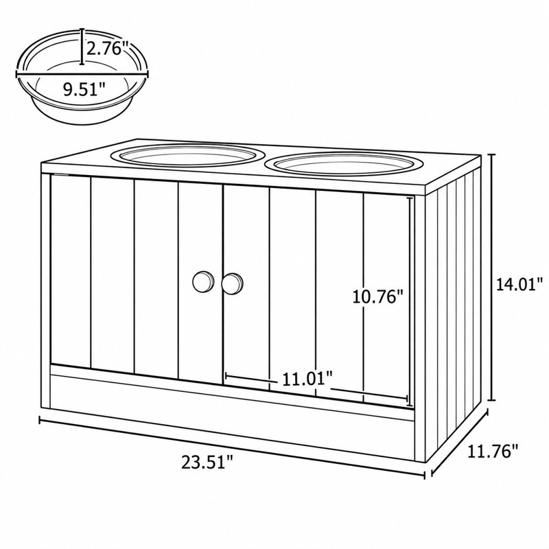 Meuble d'alimentation pour animaux de compagnie de style ferme moderne, à double bol et rangement dissimulé, idéal pour les cuisines, les salles à manger et les coins intérieurs réservés aux animaux.