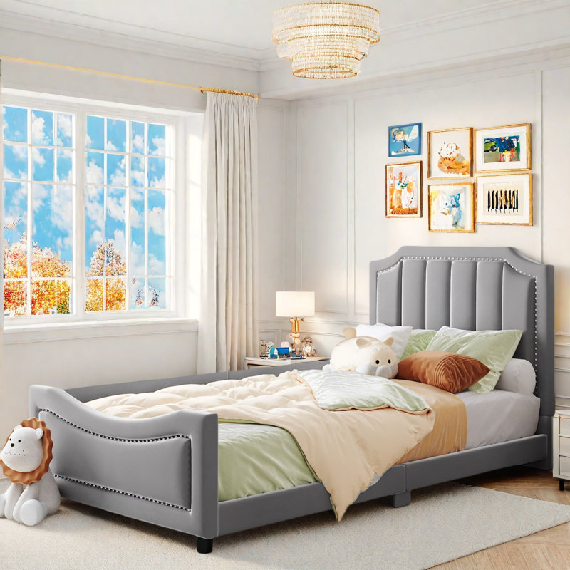 Upholstered Daybed With Classic Stripe Shaped Headboard, Gray