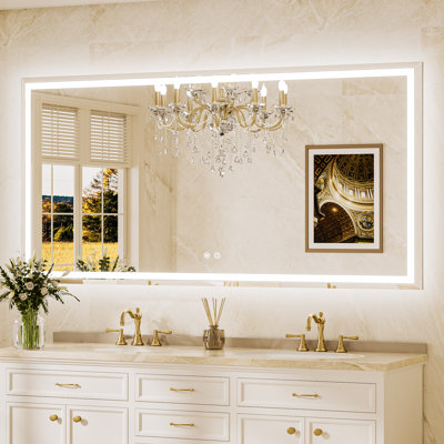 Beveled Front & Back LED Bathroom Vanity Mirror Dimmable Anti-Fog Tempered Glass