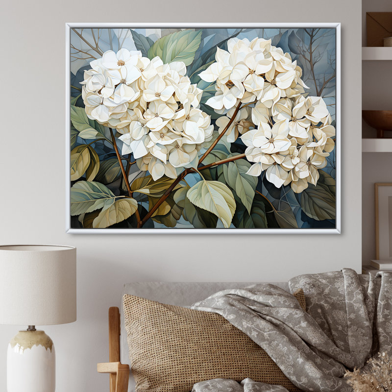 «Cubist Hydrangea L'interpretation» - art mural hortensia, Cadre flottant blanc, H 24 po x l 32 po x P 1 po