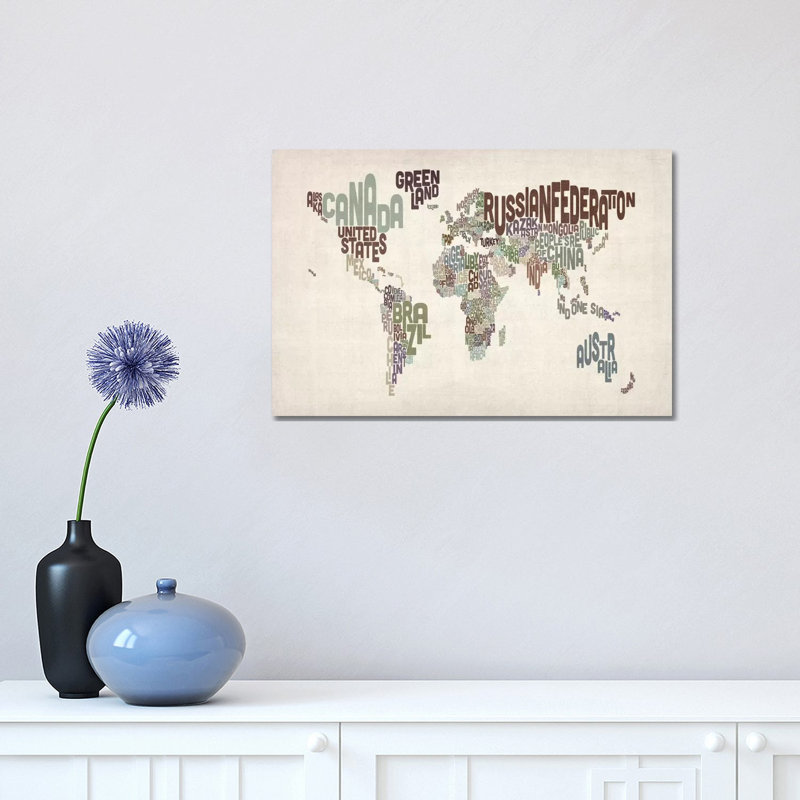 Typographic World Map VI by Michael Tompsett - Wrapped Canvas Print, 30.48cm H x 45.72cm W x 1.91cm D