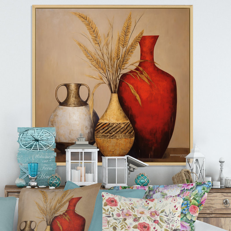 Nature morte avec vase gracieux «I» sur toile, Cadre naturel flottant, H 30 po x l 30 po x P 1 po