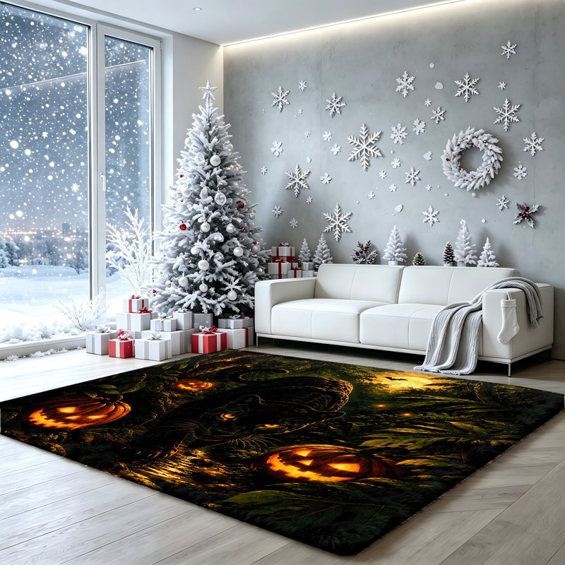 Tapis d'Halloween Spooky Black Panther & Pumpkin, Rectangle 6 pi 7 po x 4 pi 7 po (200 x 140 cm)