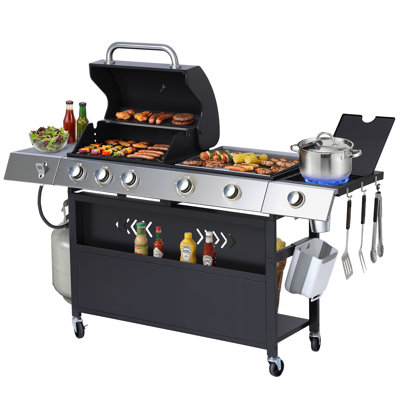 5 Burner Gas Grill Griddle Combo With Side Burner, 3 In 1 Propane Gas Bbq Grill With Enameled Cast Iron Grates And Flat Top Griddle, Portable Grill With Storage For Patio And Party, 58,000 Btu