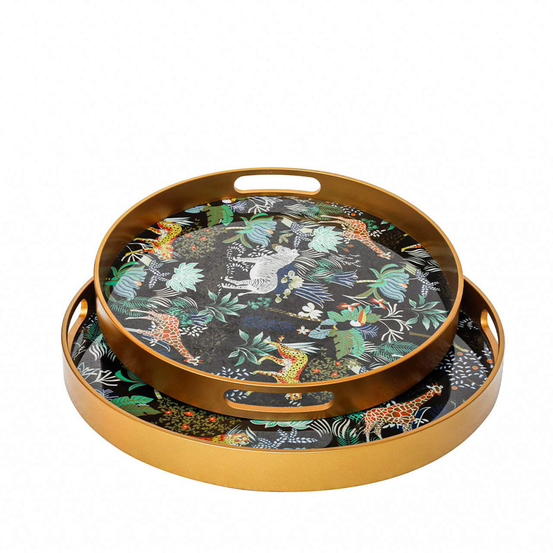 Akasya 2 piece Glass Decoration Tray for Living Room Decor, Agate Design Round Plastic Serving Tray, Gold