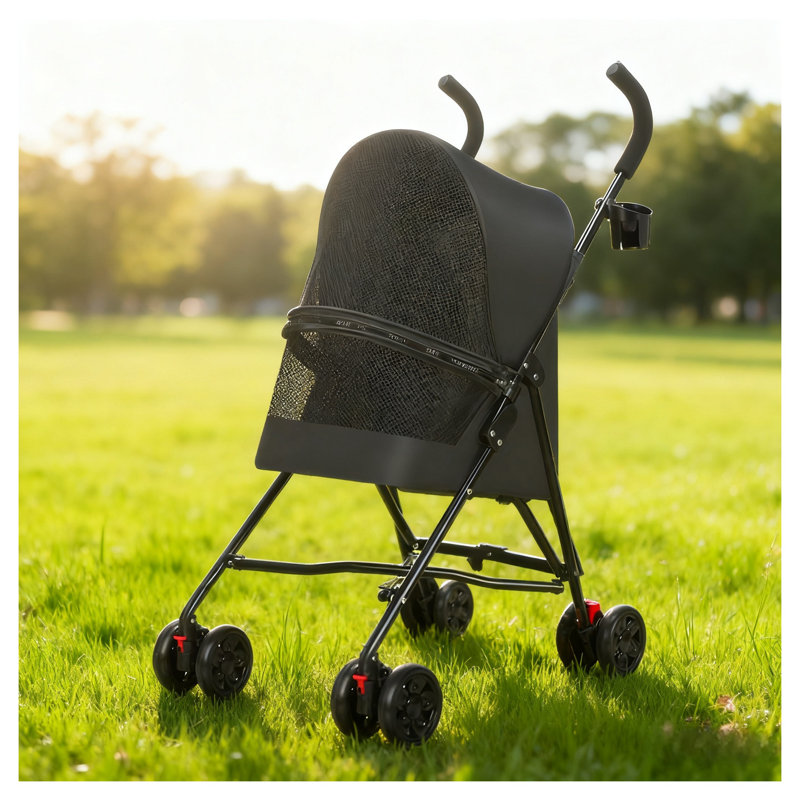 Pet Stroller For Small Dogs/Cats, Lightweight Foldable, Mesh Vent, Cup Holder, Black