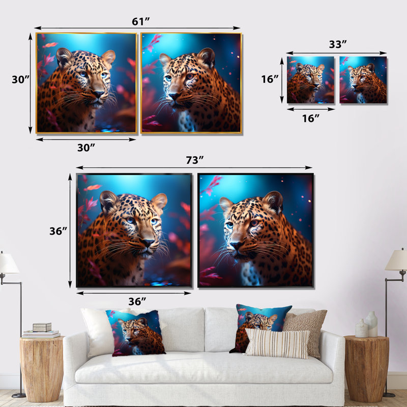 «Blue and Golden Leopard Portrait I», ensemble d'art mural sur toile léopard, Cadre blanc, H 30 po x l 61 po x P 1 po