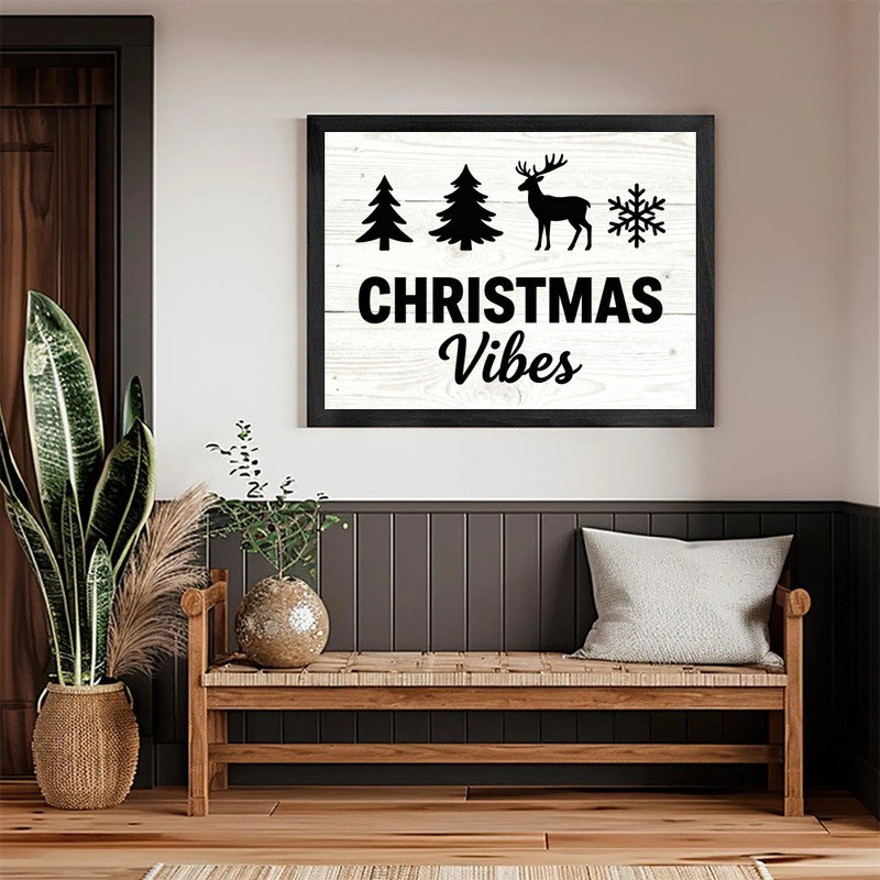 Cadre noir avec cadre de Noël rustique et chevreuil, H 25 po x l 37 po