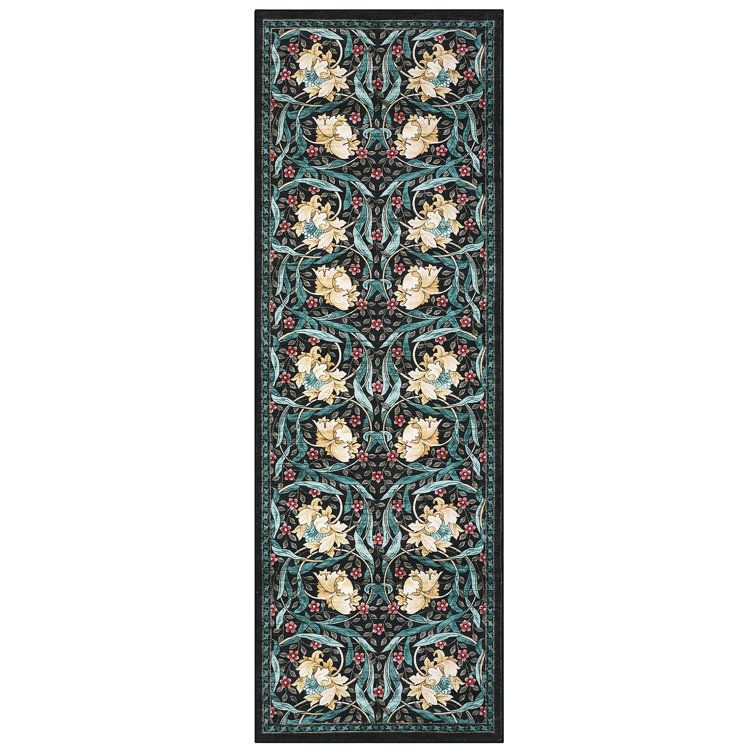 Floral Machine Washable Rug Non-Slip Oriental Floor Cover, Foldable Low Pile Indoor Mat for Kitchen, Office, Living Room