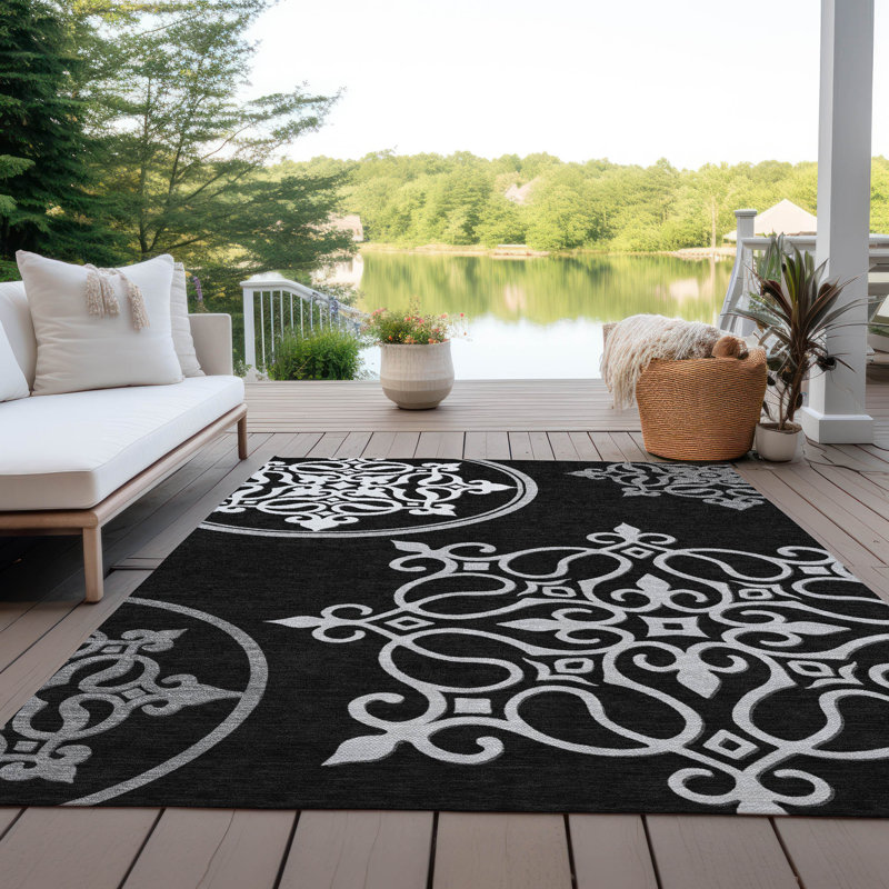 3' X 5' Black Floral Medallion Washable Indoor Outdoor Area Rug