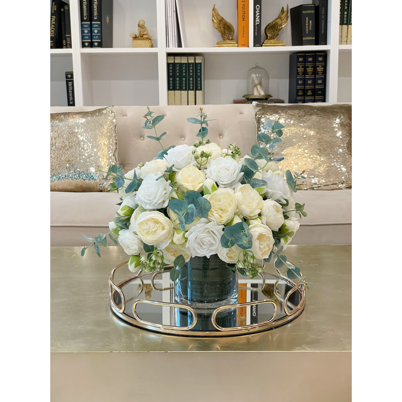17 Inch Large White Real Touch Rose and Silk Peony Centerpiece with Eucalyptus in Clear Glass Vase, French Country Faux Floral Arrangement for Dining Table and Wedding Decor