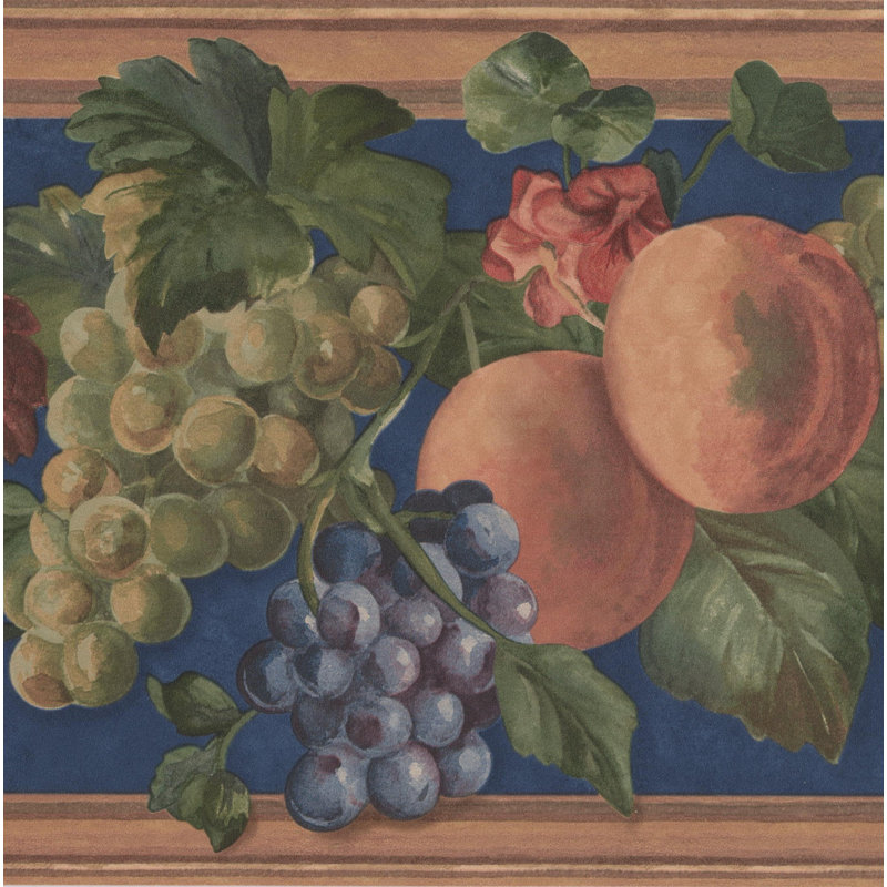 Bordure de papier peint rétro à motif de raisins, de fleurs et de fleurs sur une vigne, Bleu