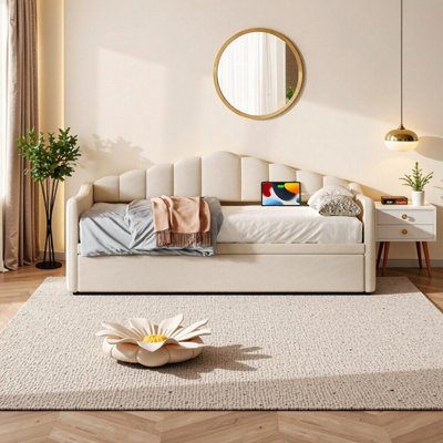 Lit de jour simple rembourré élégant avec couchette escamotable, ports de chargement USB et Type-C et poches latérales - velours beige