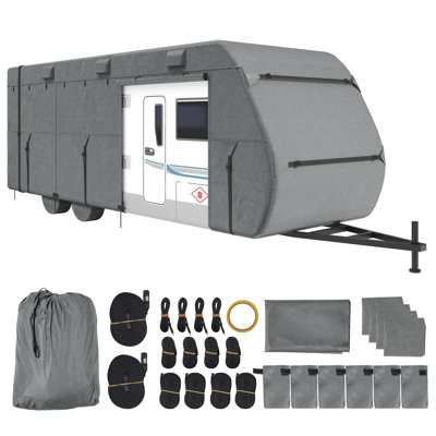 Housse pour roulotte de voyage, housse pour véhicule récréatif de 30 à 33 pi, housse de camping-car en tissu non tissé à 4 couches, housse pour camping-car de classe A imperméable, coupe-vent et Rip-Stop, avec sac de rangement, patchs de réparation, sangles et couvre-pneus