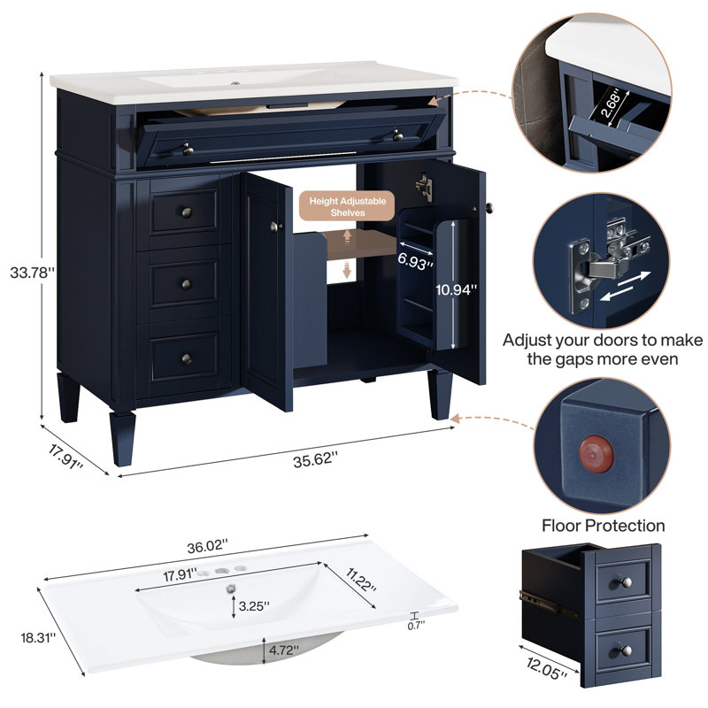Meuble-lavabo simple 36 po avec comptoir, Bleu
